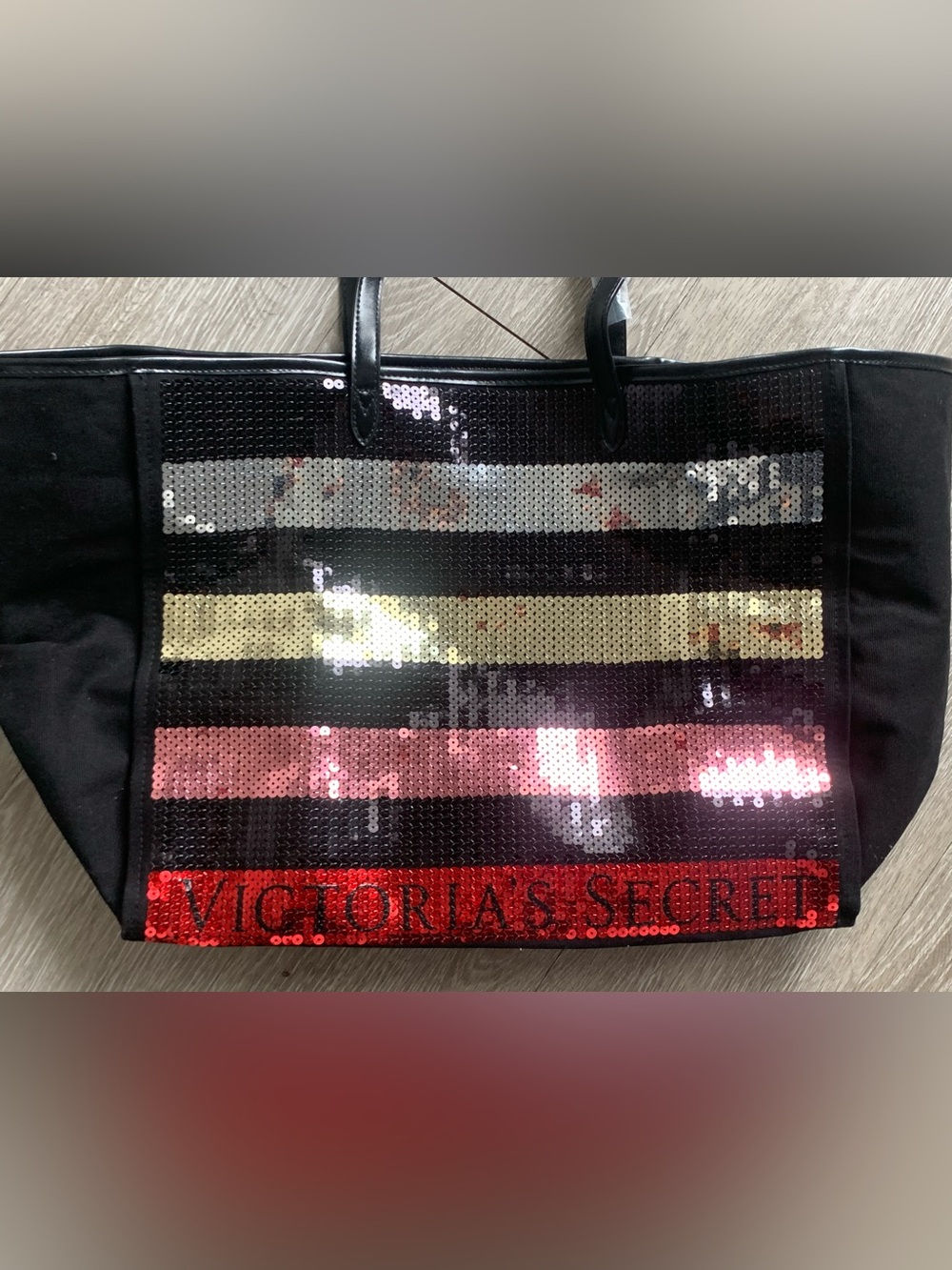 Victoria's Secret Black Sequin Stripe Tote with Multicolor Stripes
